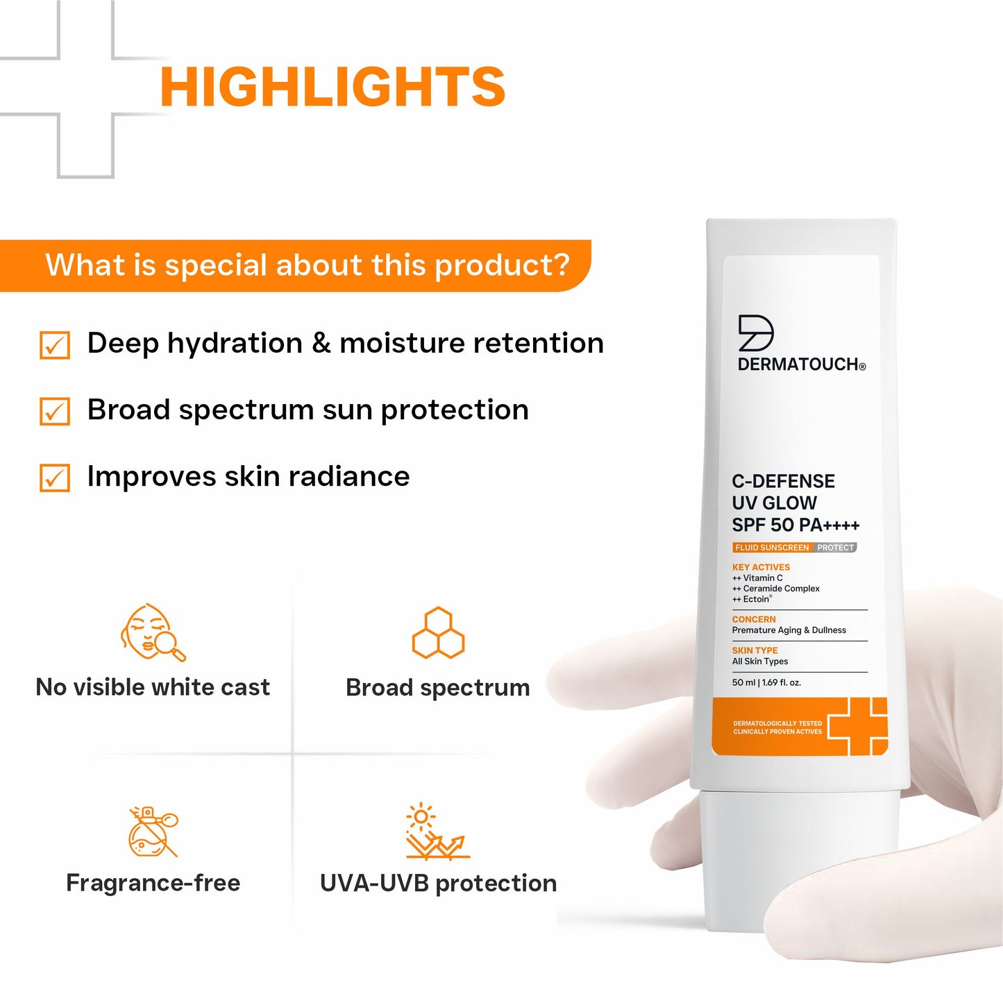 C-Defense UV Glow SPF 50 PA++++ Fluid Sunscreen for Premature Aging & Sunburn (In-Vivo & In-Vitro Tested) 50ml