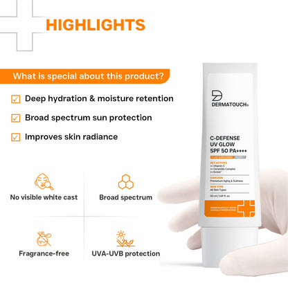 C-Defense UV Glow SPF 50 PA++++ Fluid Sunscreen for Premature Aging & Sunburn (In-Vivo & In-Vitro Tested) 50ml