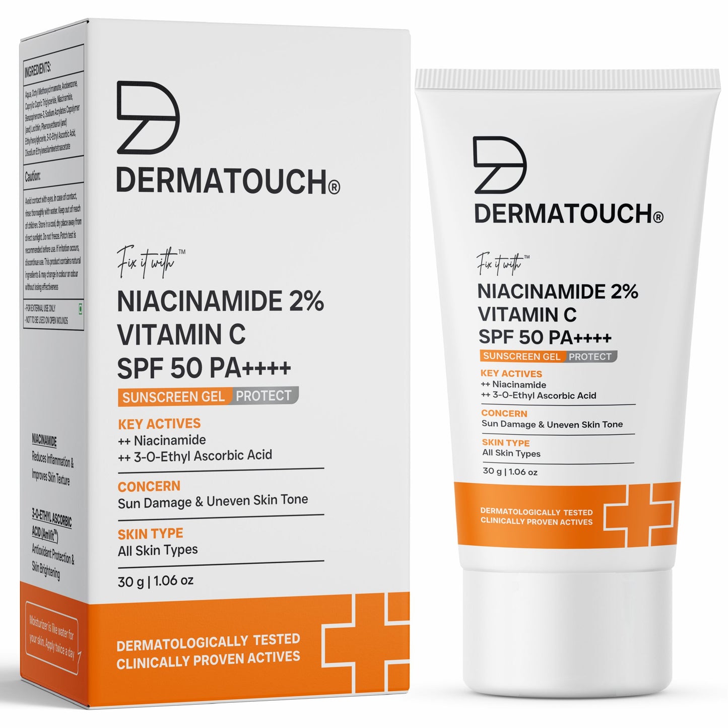 Dermatouch Niacinamide 2% Vitamin C Sunscreen for Sun Damage & Uneven Skin Tone product packaging with tube and box on a white background