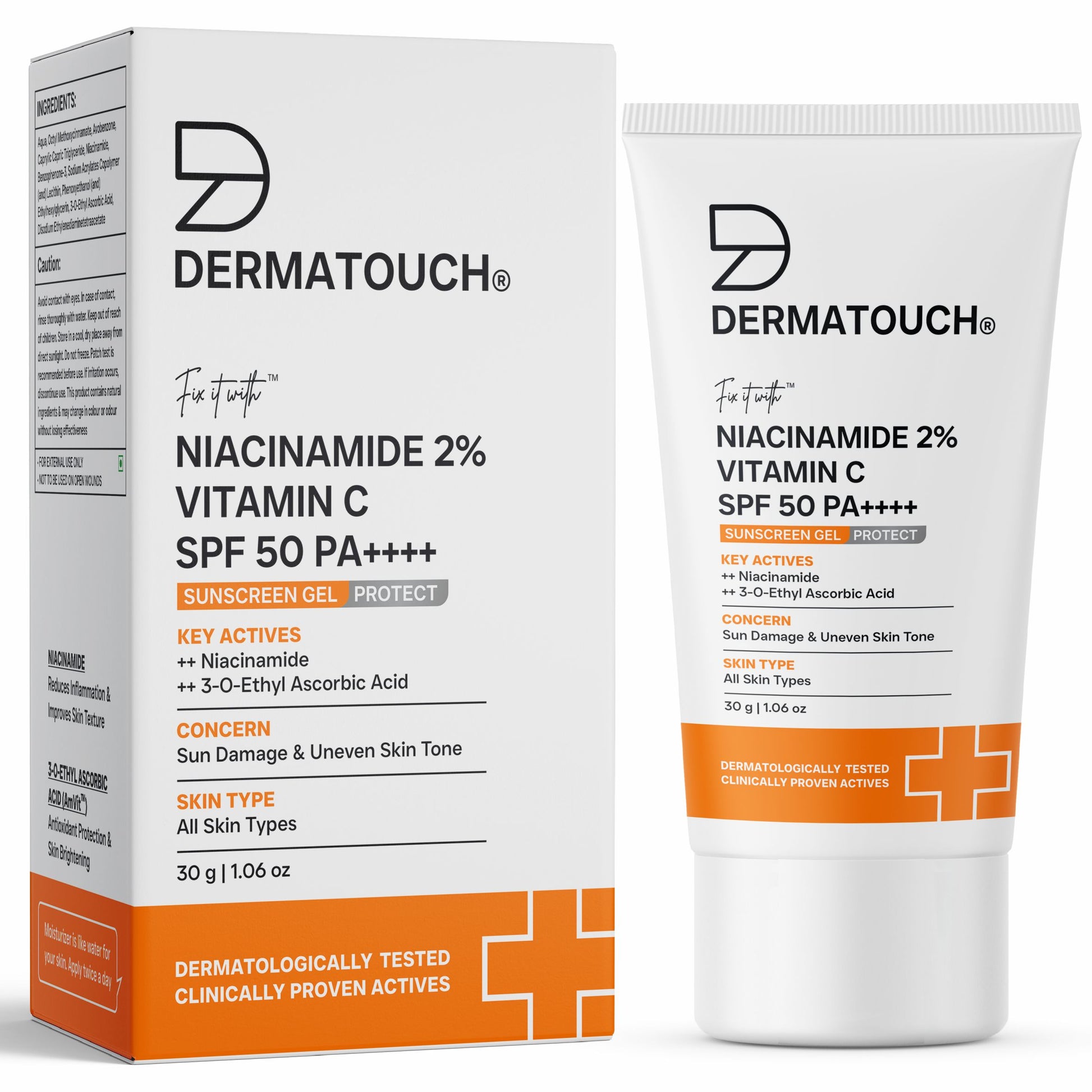 Dermatouch Niacinamide 2% Vitamin C Sunscreen for Sun Damage & Uneven Skin Tone product packaging with tube and box on a white background