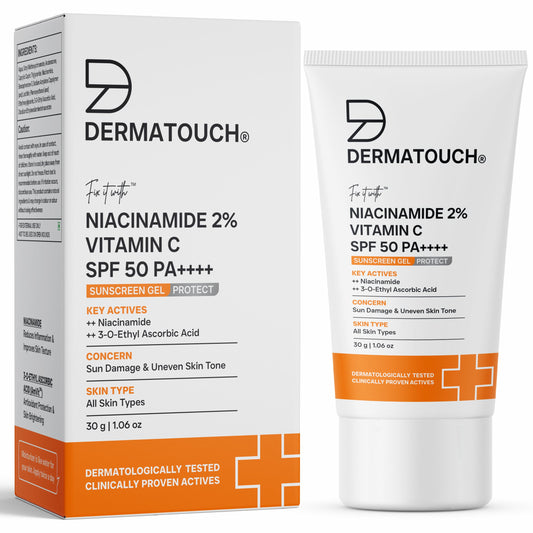 Dermatouch Niacinamide 2% Vitamin C Sunscreen for Sun Damage & Uneven Skin Tone product packaging with tube and box on a white background