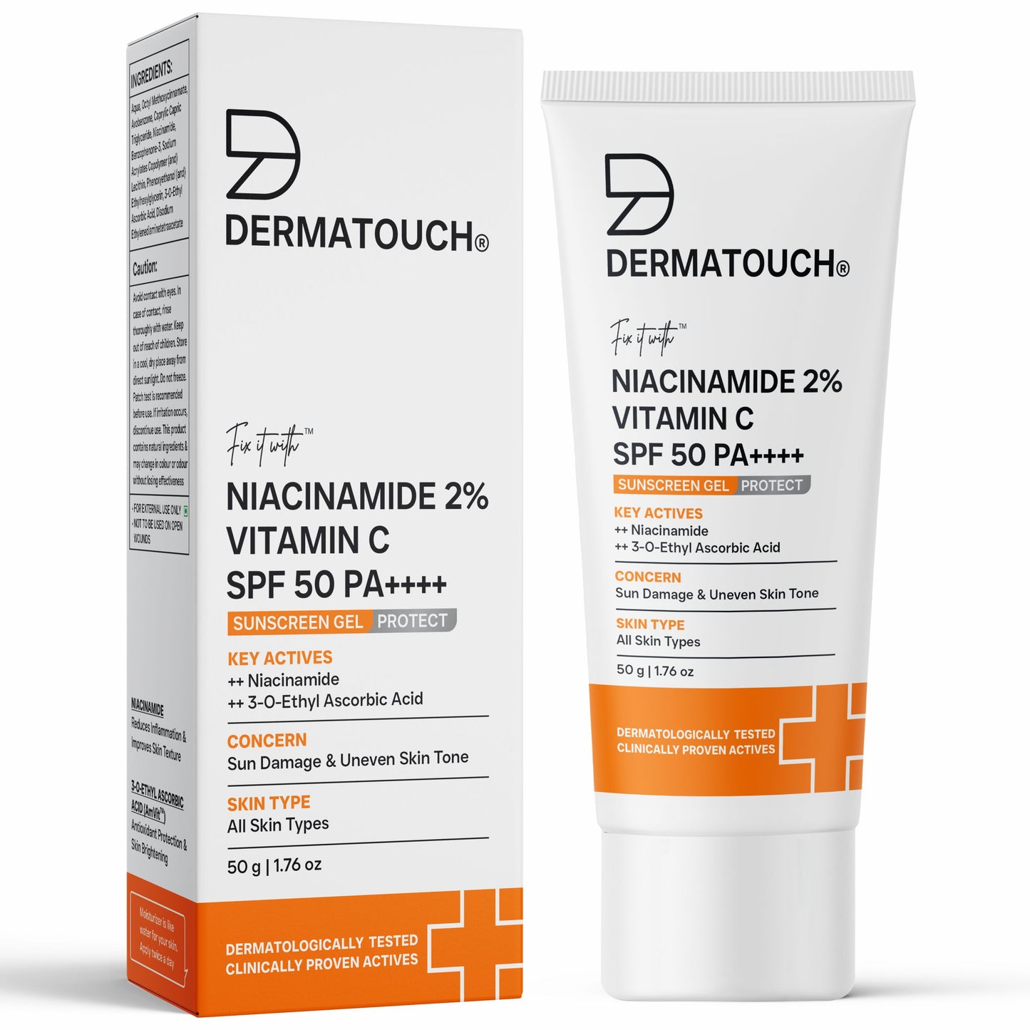 Dermatouch Niacinamide 2% Vitamin C Sunscreen for Sun Damage & Uneven Skin Tone product packaging with tube and box on a white background