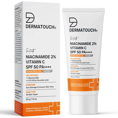 Dermatouch Niacinamide 2% Vitamin C Sunscreen for Sun Damage & Uneven Skin Tone product packaging with tube and box on a white background