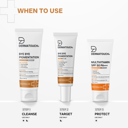 Three Dermatouch skincare products with step-by-step instructions on a white background for pigmentation and dark spots correction